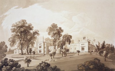 Vista da casa de fazenda com tela para estábulos e edifícios agrícolas para Sezincote House, gravada por Frederick Christian Lewis Snr. (1779-1856), c.1817-18 (sepia aquatint) de John Martin