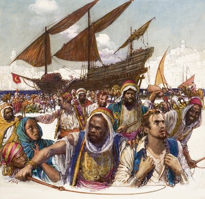Prisioneiros árabes acorrentados nas docas, com um dhow ao fundo de John Millar Watt