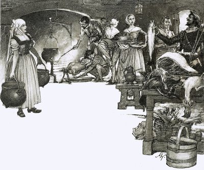Cozinhando em fogo aberto numa cozinha elisabetana de John Millar Watt