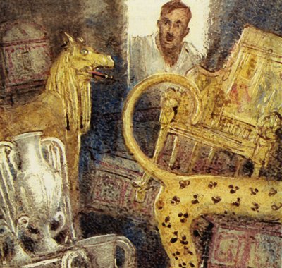 Howard Carter descobriu a câmara funerária perdida de Tutankhamon (litografia a cores) de John Millar Watt