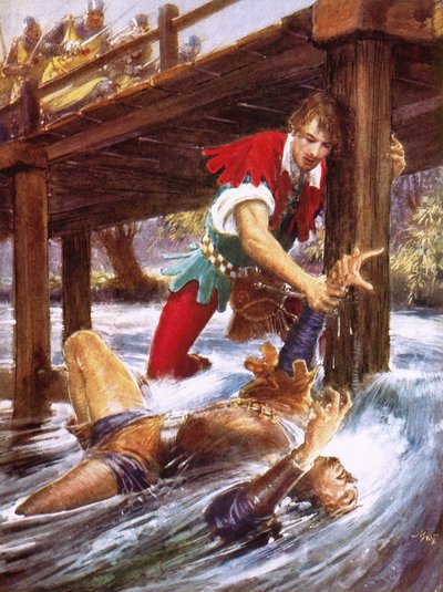 Robin dos Bosques a salvar João Pequeno de um rio de John Millar Watt