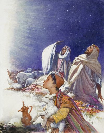 O Conto de Natal: O Conto dos Pastores (guache sobre papel) de John Millar Watt