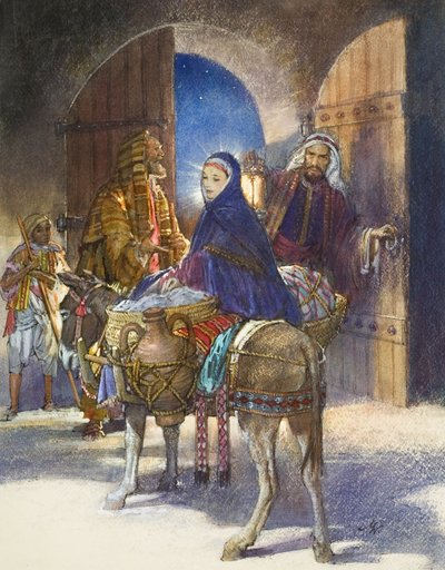 O Conto da Estalajadeira: Maria e José chegam a Belém (guache sobre papel) de John Millar Watt