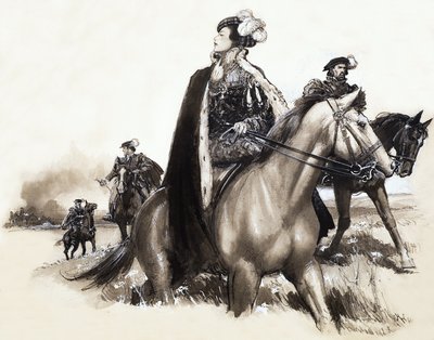 Rainha não identificada a sair de uma cidade fumegante sob escolta de John Millar Watt