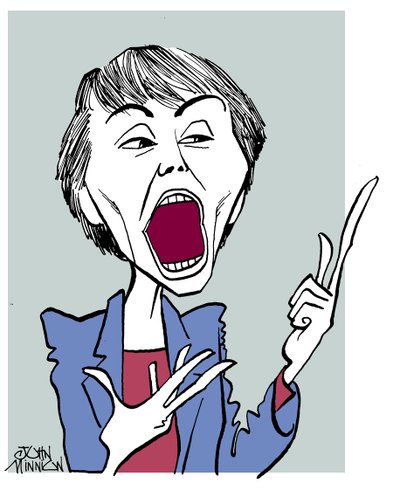 Camille Paglia - caricatura com a boca aberta de John Minnion