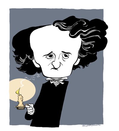 Edgar Allan Poe - caricatura, segurando um pau de vela de John Minnion