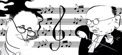 Hanns Eisler e Bertolt Brecht - colagem de caricaturas de John Minnion