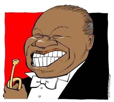 Louis Armstrong - caricatura, a tocar trompete de John Minnion