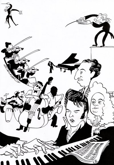 Fantasia musical - capa para livro ou artigo de música - com maestros, músicos, instrumentos, violino, bateria, contrabaixo, saxofone, piano, partitura, Elvis, Bach, de John Minnion
