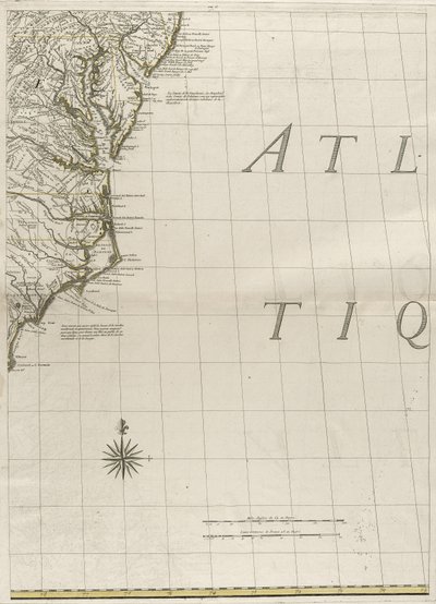 Um mapa dos domínios britânico e francês na América, 1756 (gravura com cor de contorno no papel) de John Mitchell