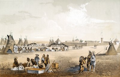 Fort Union e Distribuição de Mercadorias para os Assiniboins, pub. 1860 de John Mix Stanley