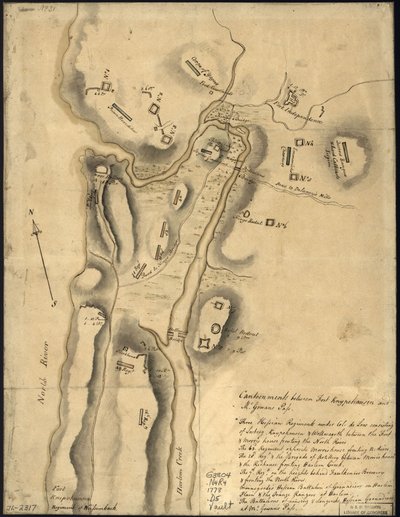 (Disposição das tropas britânicas, com fortificações a norte do Forte Knipehausen, ou seja, do Forte Washington ao Forte Independence. LOC gm71002317 de John Montresor