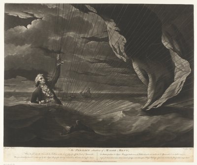John Money com seu balão caiu no mar A Situação Perigosa do Major Mony, 23 de julho de 1785 (título no objeto) de John Murphy