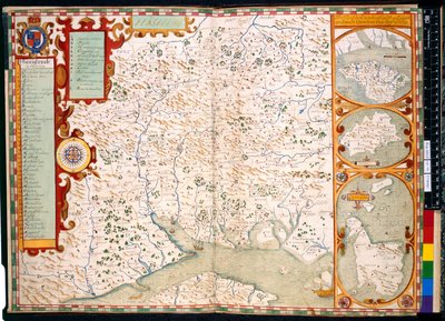 Adicionar. 31853, ff.23-24, Southampton, Hampshire: Descrição de, por J. Norden, com mapa: 1595 (gravura colorida) de John Norden
