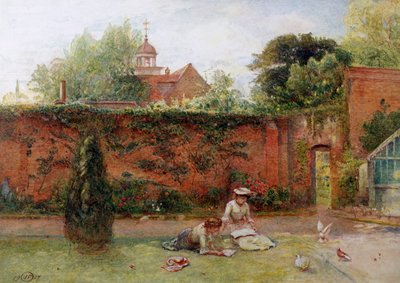 Um jardim murado. Dois jovens adolescentes estão a ler num jardim maduro. Os pássaros aproximam-se deles. Pintura de John Parker (1839-1915) Coleção particular de John Parker