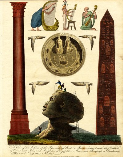 Vista da Esfinge nas Pirâmides de Gizeh: uma patera carregada com os retratos de Osíris e Ísis; e esculturas de músicos egípcios; o pilar de Pompeu ou Dioclesiano; e a agulha de Cleópatra de John Pass