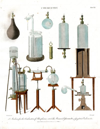 Instrumentos de laboratório químico e gasómetros de John Pass