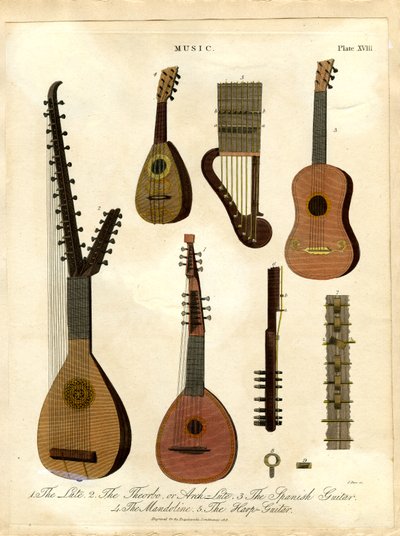 O alaúde; o teorbo ou alaúde de arco; a guitarra espanhola; o bandolim; a harpa-citarra de John Pass