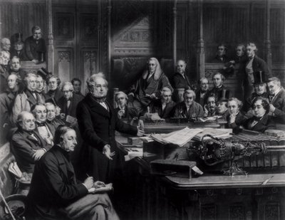 A Câmara dos Comuns em 1860: Lord Palmerston dirigindo-se à Câmara durante o debate sobre o tratado com a França, gravado por Falkner, 1863 (ver também 42219 e 107821) de John Phillip