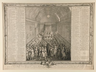 Uma Vista da Casa dos Pares, o Rei Sentado no seu Trono, os Comuns que o assistiram no final da Sessão 1741/2 de John Pine