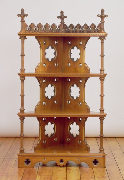 Canto gótico esculpido e dourado What-Not, c.1860 (madeira de nogueira) de John Pollard Seddon