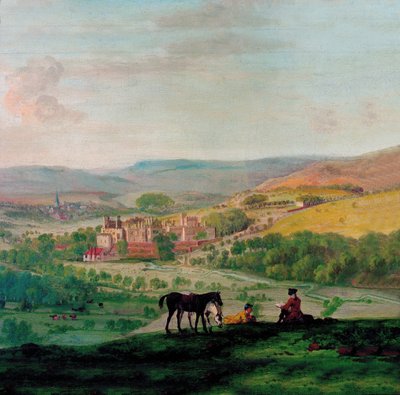 Uma visão do século 18 de Haddon Hall com a aldeia de Bakewell no fundo de John Raphael Smith