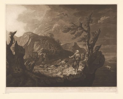 Paisagem tempestuosa com bardo à beira do penhasco de John Raphael Smith