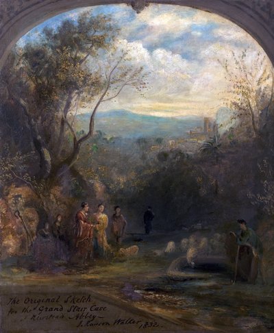 O esboço original para o Grand Stairase em Newstead Abbey, Nottinghamshire, 1832 de John Rawson Walker