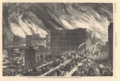 Chicago em chamas - a corrida pela vida sobre a Randolph Street Bridge, ilustração da Harpers Weekly, 1871 de John Reuben after Chapin