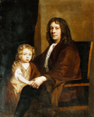 Retrato de Thomas Rowe e seu filho, sentado a três quartos, o antigo em um vestido marrom, o último em um vestido e envoltório marrom, de John Riley