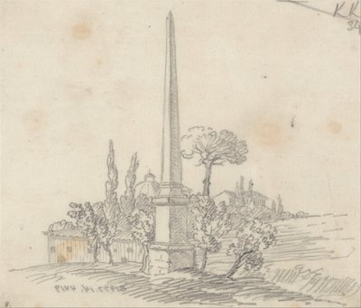 Um obelisco com telhados e árvores ao longe de John Robert Cozens