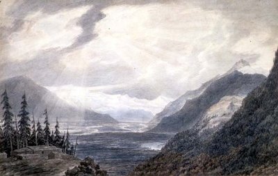 PD.6-1965 Pays de Valais, perto do Lago de Genebra, c.1776 (tinta indígena, lápis e lavagem em papel) de John Robert Cozens