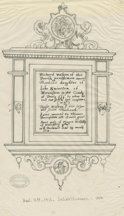 Igreja de Rugeley (Antiga) - Monumento a Richard Weston: traçado de caneta e tinta de John Robert Fernyhough