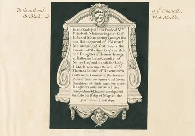 Igreja de Whitmore - Tablet para a Sra. Elizabeth Mainwaring: desenho de caneta e lavagem, séc. de John Robert Fernyhough