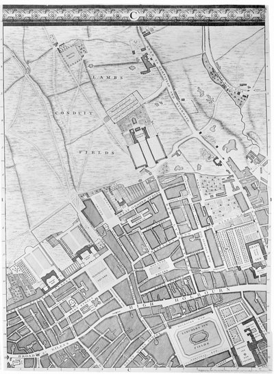 Um mapa de Bloomsbury e Holborn, Londres, 1746 de John Rocque