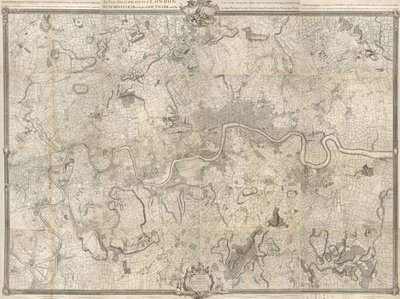 Um mapa do século 18 de Londres. Um levantamento exato da cidade de Londres, Westminster ye Borough of Southwark e do país perto de dez milhas ao redor começou em 1741 e terminou em 1745 / por John Rocque agrimensor e (gravado) por Richard Parr. de John Rocque