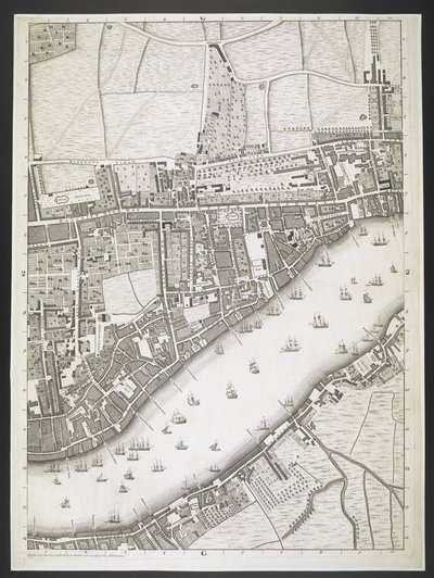 Plan of London, Ratcliff highway, Upper Shadwell road, A plan of the cities of London and Westminster, and borough of Southwark; : com os edifícios contíguos; De um levantamento real, / tomado por JOHN ROCQUE, Land-Surveyor, e Engraved by John Pine, J de John Rocque