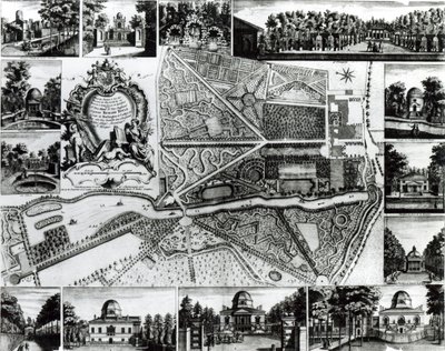 Plano do jardim e vista das casas em Chiswick no Tamisa de John Rocque