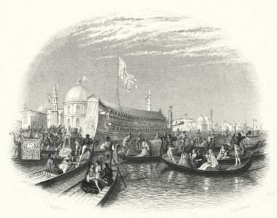 O casamento do mar. A barcaça dos Doges e gôndolas sobre a água em Veneza (gravura) de John Rogers (after) Herbert