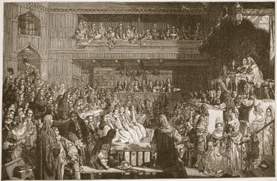 A absolvição dos Sete Bispos, 1688, ilustração de "A Igreja da Inglaterra: Uma História para o Povo" por HDM Spence-Jones, pub. c.1910 (foto sépia) de John Rogers Herbert