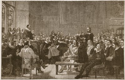 A Assembléia de Westminster de Divines, ilustração de "A Igreja da Inglaterra: Uma História para o Povo" por HDM Spence-Jones, pub. c.1910 (foto sépia) de John Rogers Herbert