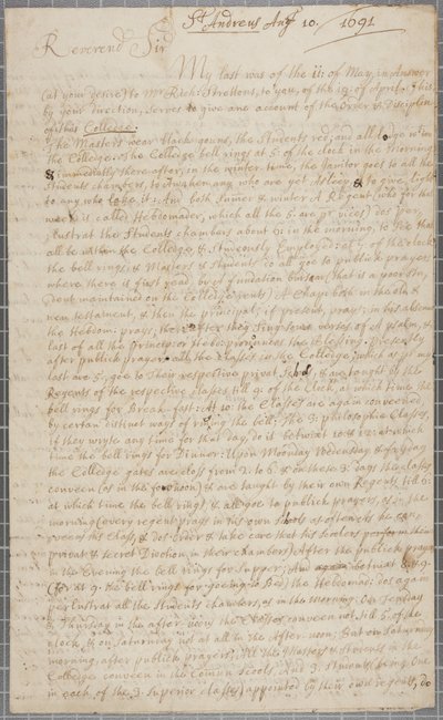 Uma carta de John Row, um estudante de St. Andrews, para seu tio, 1691 de John Row