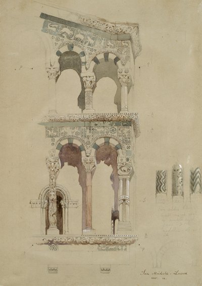 Parte da fachada da Igreja destruída de San Michele em Foro, Lucca, como apareceu em 1845, Ma de John Ruskin