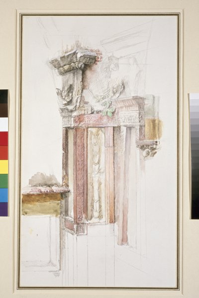Pilastra na fachada de Sant Anastasia, Verona, junho de 1869 (wc & bodycolour sobre grafite sobre papel, algumas linhas governadas) de John Ruskin