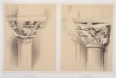 Torcello, capital de Nave Pilar e de São Marcos, capital do pórtico central, de "Exemplos da arquitetura de Veneza", de John Ruskin, gravada por G. Rosenthal, 1851 de John Ruskin