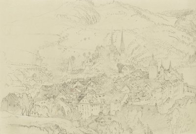 Vista de Luzern de cima, Outubro-Dezembro de 1861 (grafite com toques de caneta e tinta sobre papel de trama cinza pálido) de John Ruskin