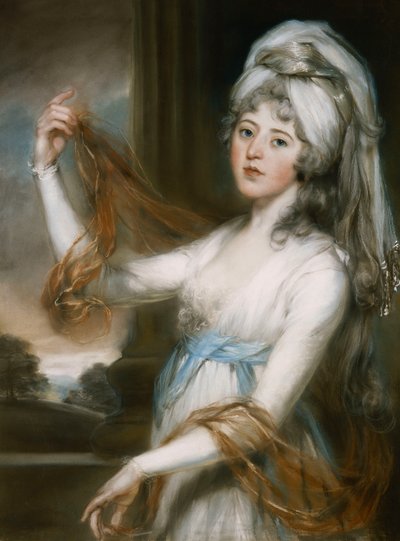 Retrato de Sarah, esposa de Walker King, bispo de Rochester, três quartos, em um vestido branco com uma faixa azul, de John Russell