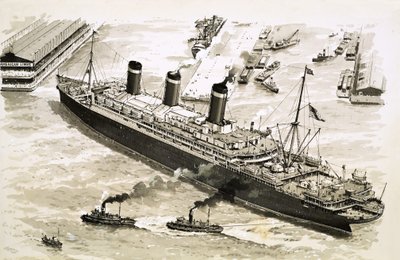 O navio a vapor Leviathan é empurrado para um cais no porto de Nova Iorque por rebocadores de John S. Smith