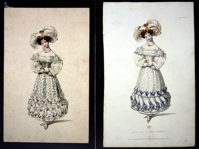 Desenho e impressão de uma placa de moda, c.1829 (lápis e aguarela sobre papel e gravura de cor à mão) de John Samuel Agar