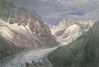Vista do Mer de Glace com a Aiguille du Moine à esquerda e as Grandes Jorasses à distância à direita, século XIX de John Scandrett Harford